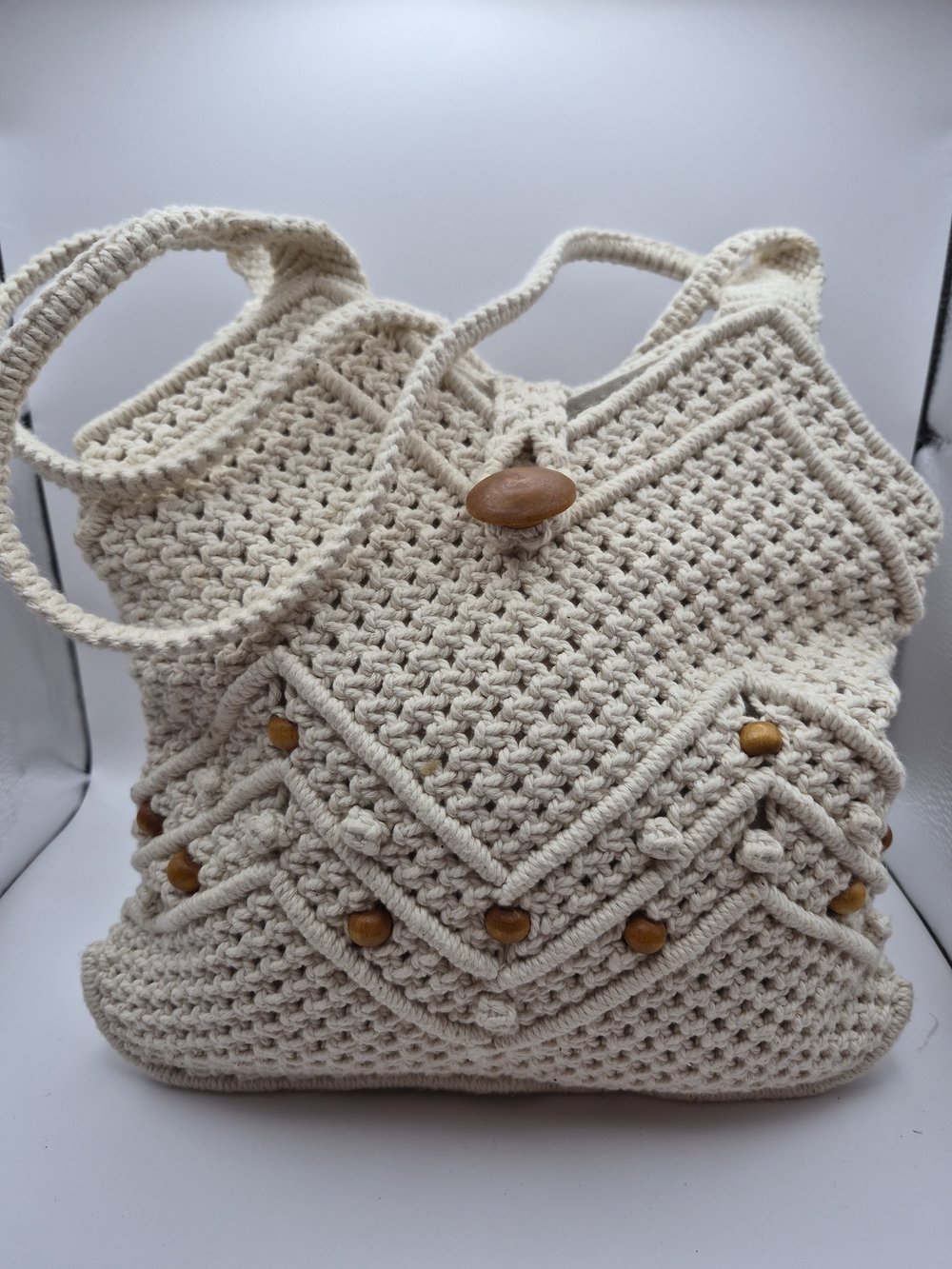 Cream Crochet Shoulder Bag with Wooden Bead Detail